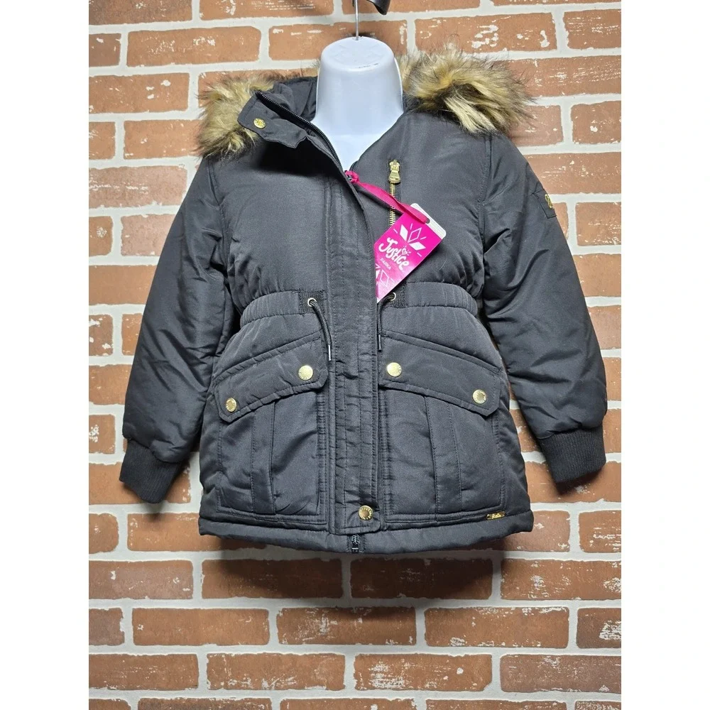 Justice Girls Puffer‎ Jacket Faux Fur Lined With Hood Sz Small 7/8 Black